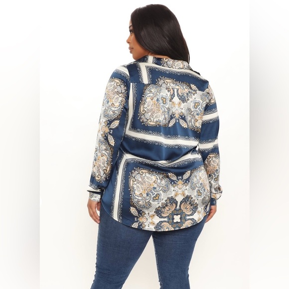Fashion Nova NWOT Posh And Deluxe Satin Paisley Shirt | Blue/combo | Size 2XL - Picture 8 of 15